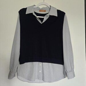 Oversized Sweater Vest with Blue Stripped Button Down